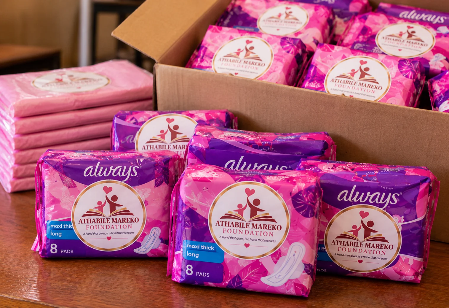 Packed sanitary and personal-care products ready for donation